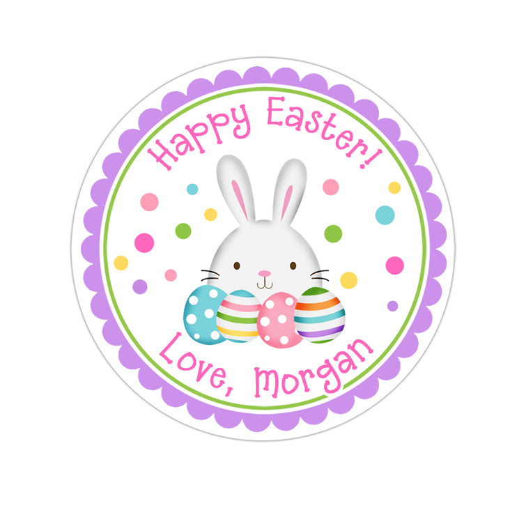 Easter Bunny With Eggs Pink Text Personalized Sticker Other Holiday Stickers - INKtropolis
