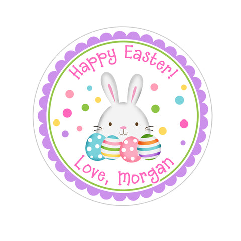 Easter Bunny With Eggs Pink Text Personalized Easter Sticker