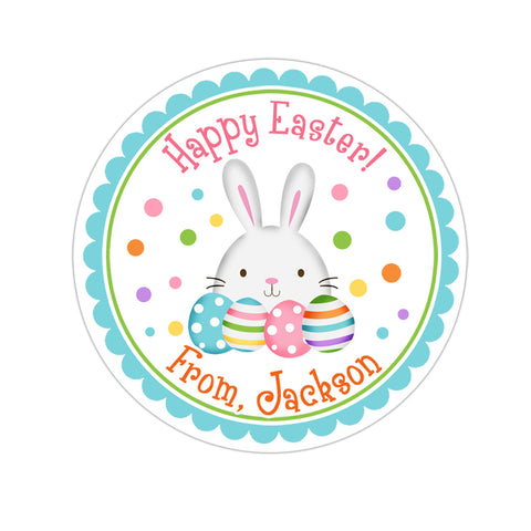 Easter Bunny With Eggs Blue Border Personalized Easter Sticker