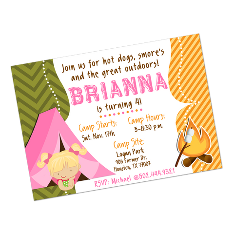 Girl Camping Digital Birthday Invitation