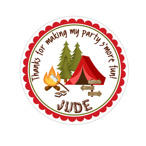 Red Camping Tent Personalized Birthday Favor Sticker