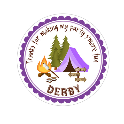 Purple Camping Tent Personalized Birthday Favor Sticker