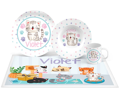 Personalized Cat Plate, Bowl, Mug, Placemat Set - Choose Your Pieces
