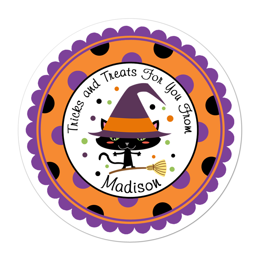 Cat Witch Wide Polka Dot Border Personalized Sticker Halloween Stickers - INKtropolis