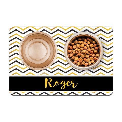 Personalized Pet Food Placemat - Black and Gold Chevron