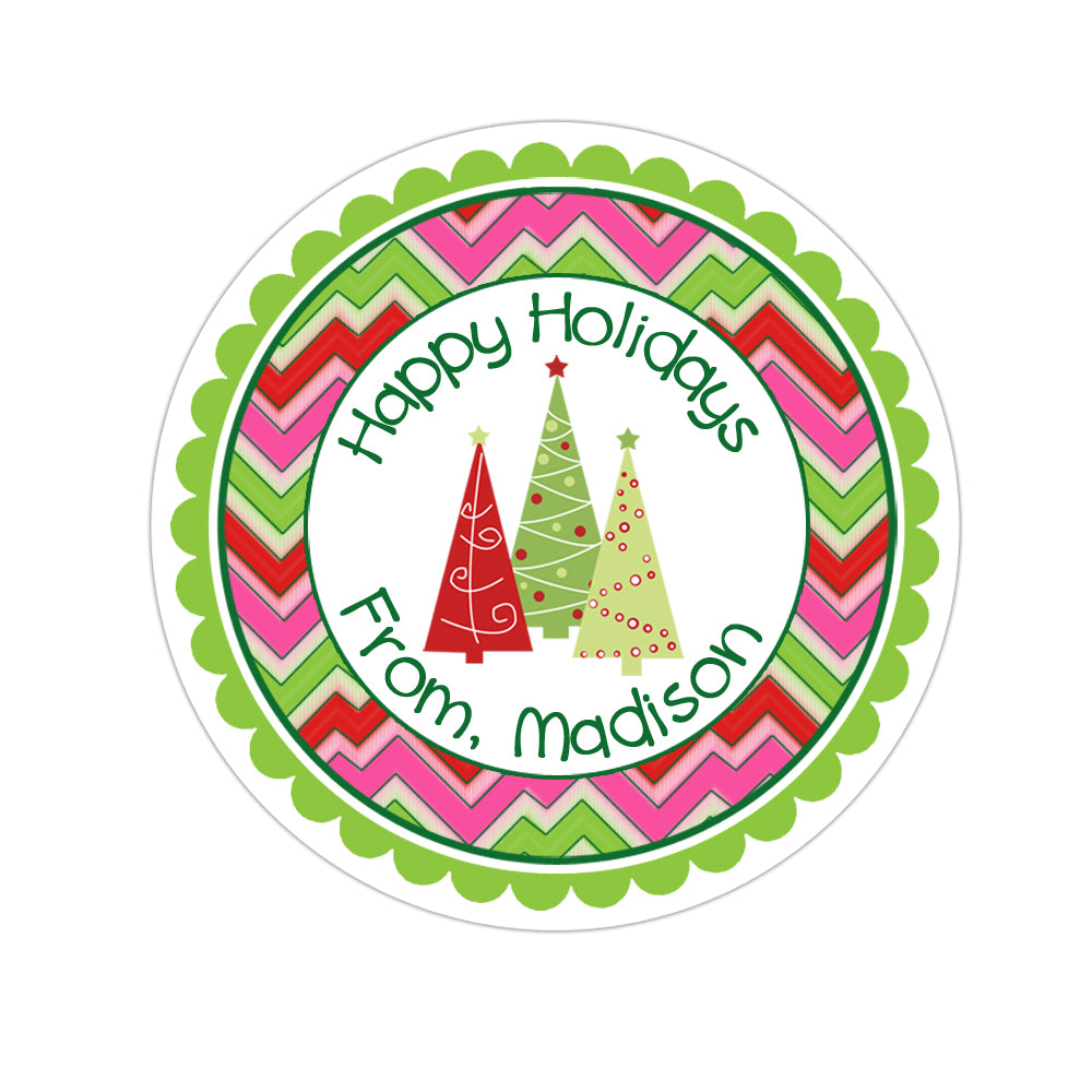 Trio Of Trees Wide Chevron Patterned Border Personalized Sticker Christmas Stickers - INKtropolis