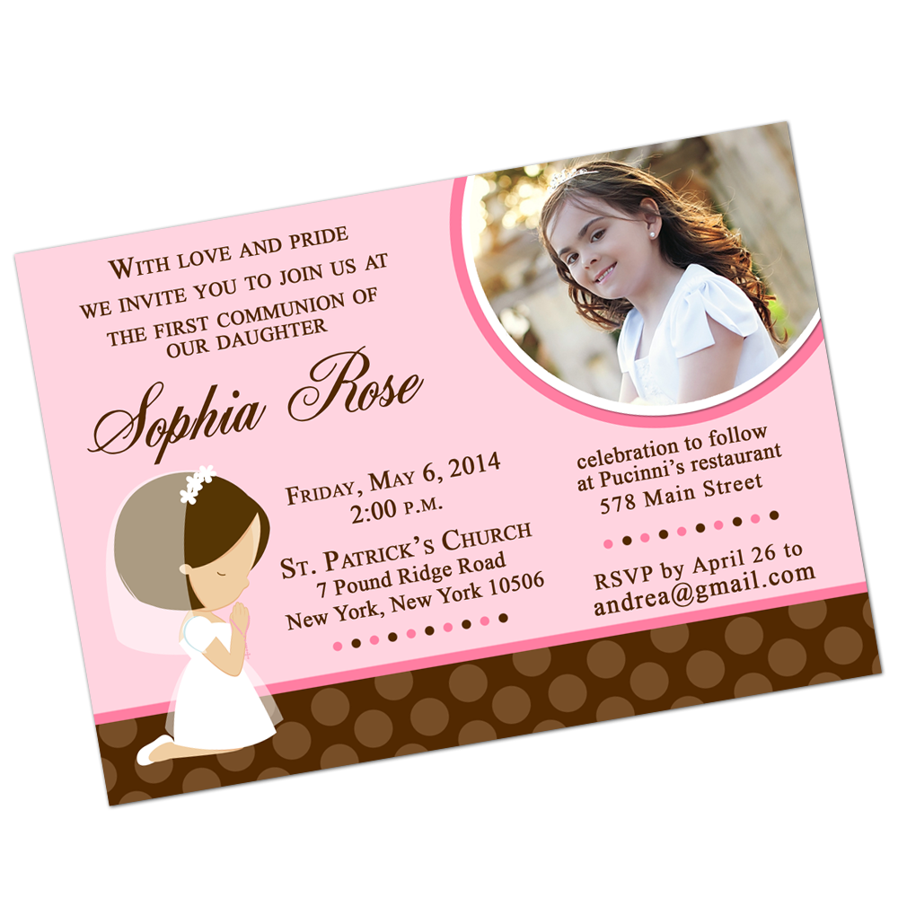 Brunette Girl Communion Digital Invitation Religious Invite - INKtropolis
