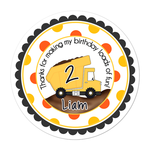 Dump Truck Polka Dot Border Personalized Birthday Favor Sticker