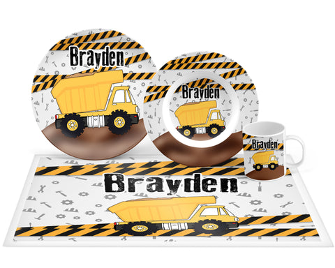 Personalized Construction Dump Truck Plate, Bowl, Mug, Placemat Set - Choose Your Pieces