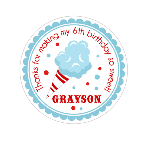 Blue Cotton Candy Personalized Birthday Favor Sticker