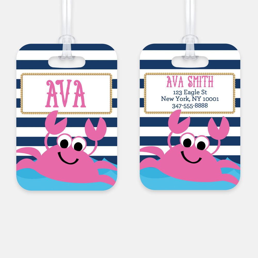 Personalized Pink Crab Luggage Tag, Kids Backpack Tag