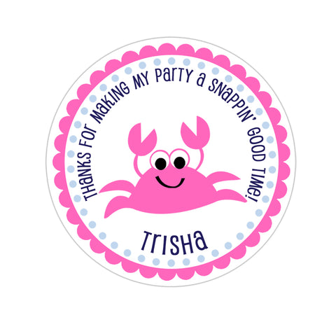 Pink Crab Personalized Birthday Favor Sticker