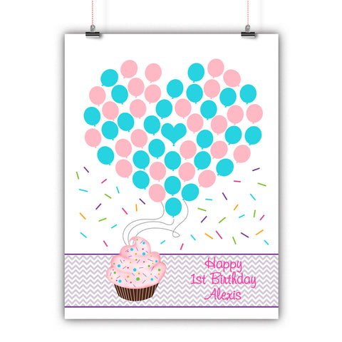 Personalized Birthday Guest Book Alternative - Cupcake Balloons - Customized Poster, Print, Framed or Canvas, 50 Signatures