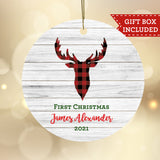 Personalized My First Christmas Ornament - Buffalo Plaid Deer Head