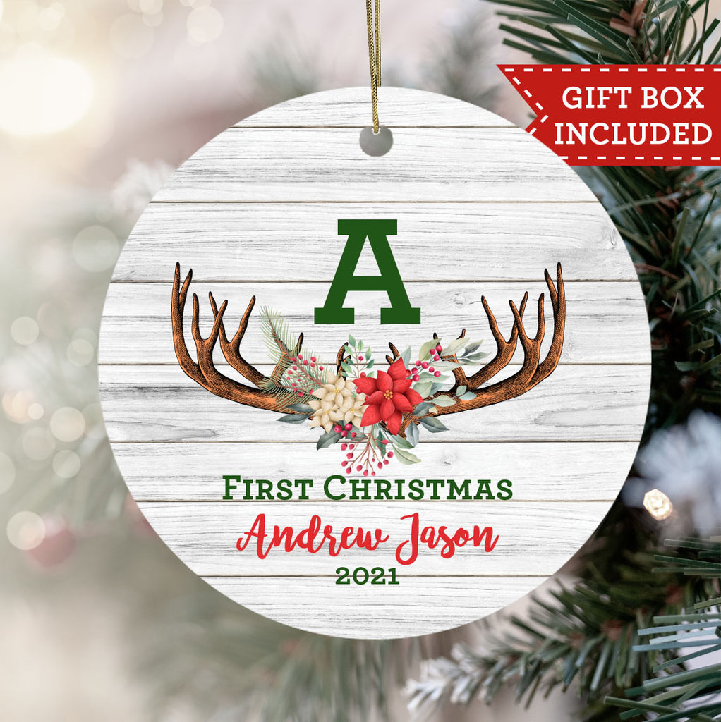 Personalized My First Christmas Ornament - Rustic Wood Deer Antler Monogram