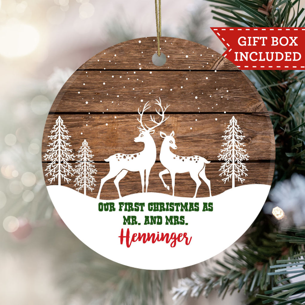 Personalized Our First Christmas as Mr and Mrs Ornament - Deer Couple