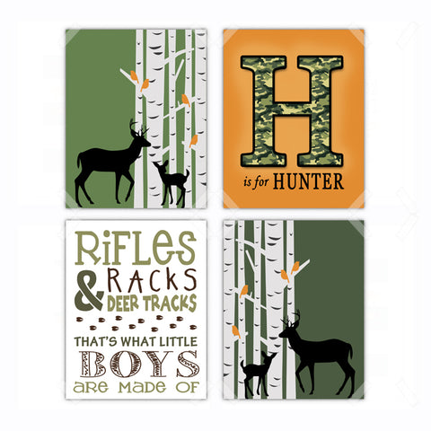 Green Woodland Deer Hunting Nursery Wall Art - Set of 4