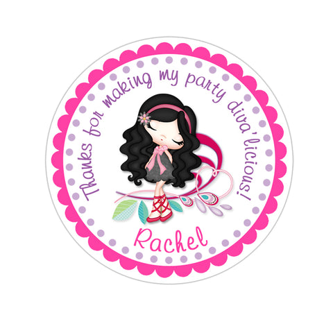Black Hair Glamor Diva Personalized Birthday Favor Sticker