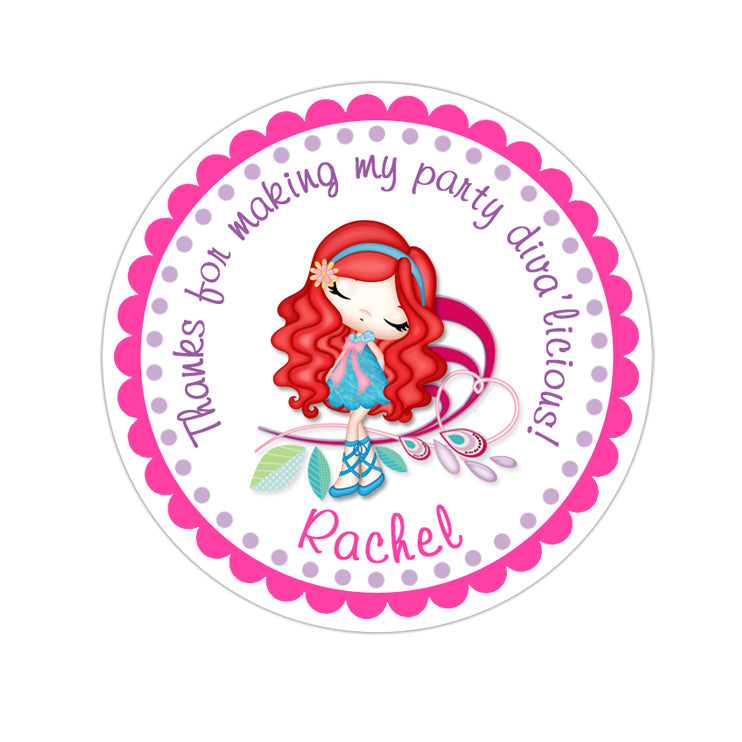Red Hair Glamor Diva Personalized Sticker Birthday Stickers - INKtropolis