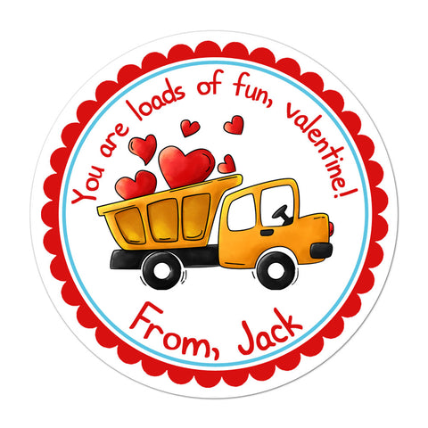 Loads of Fun Dump Truck Personalized Valentines Day Sticker