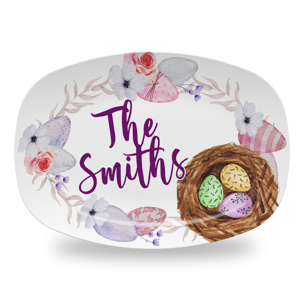 Personalized Easter Platter, Serving Tray - Watercolor Birds Nest