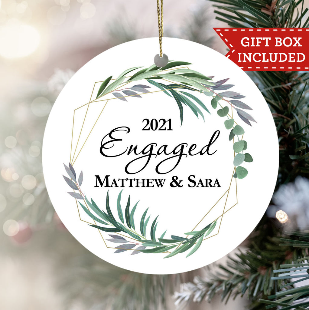 Personalized Engagement Christmas Ornament - Green Floral