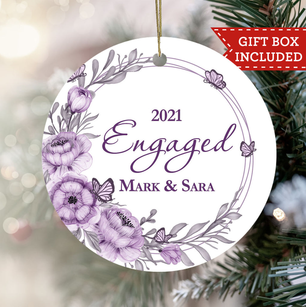 Personalized Engagement Christmas Ornament - Purple Floral