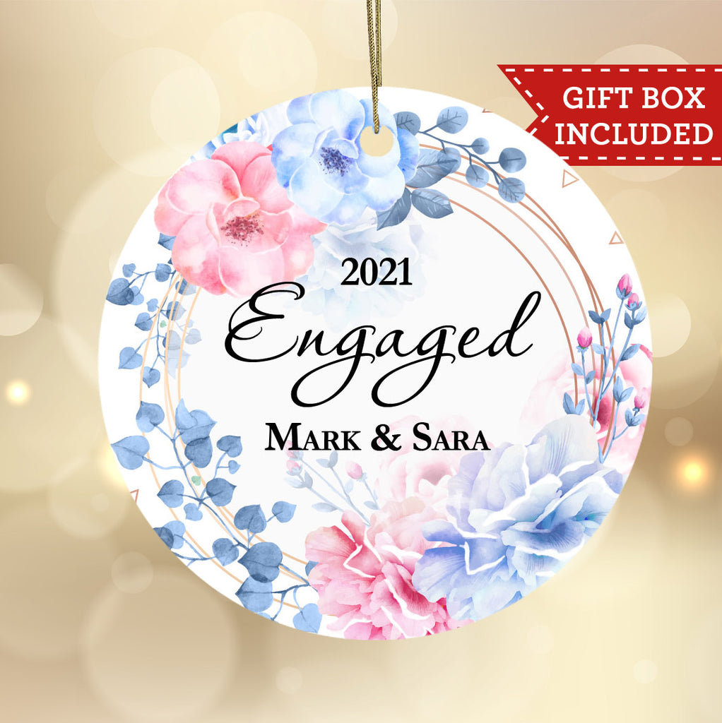 Personalized Engagement Christmas Ornament - Blue and Pink Floral