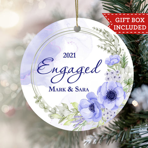 Personalized Engagement Christmas Ornament - Periwinkle Floral