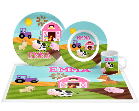 Personalized Girl Farm Plate, Bowl, Mug, Placemat Set - Choose Your Pieces