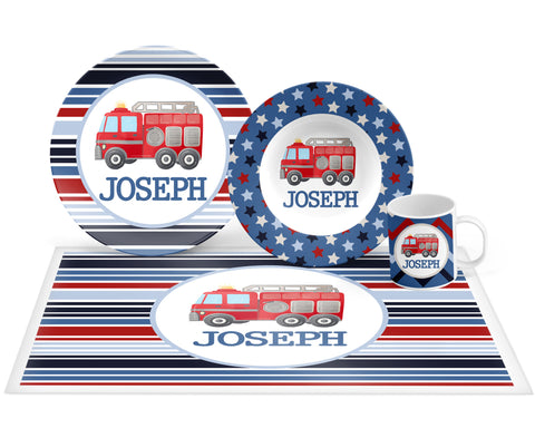 Personalized Firetruck Stripes Plate, Bowl, Mug, Placemat Set - Choose Your Pieces