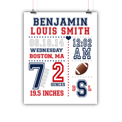 Football Sports Baby Birth Stats Nursery Wall Art