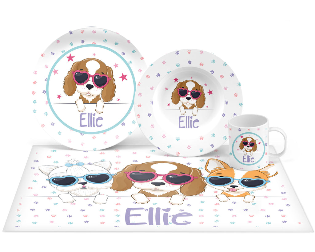 Personalized Girl Dog Plate, Bowl, Mug, Placemat Set - Choose Your Pieces