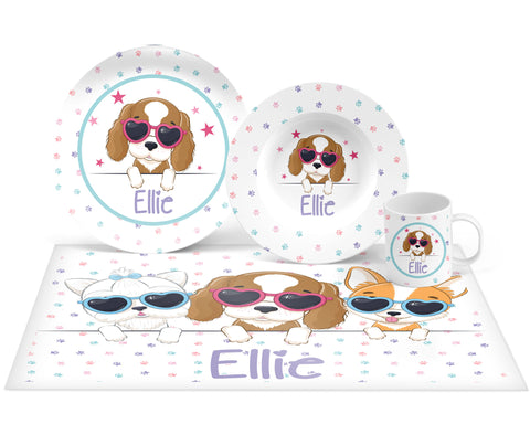 Personalized Girl Dog Plate, Bowl, Mug, Placemat Set - Choose Your Pieces