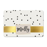 Personalized Pet Food Placemat - Black Polka Gold Band