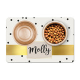 Personalized Pet Food Placemat - Black Polka Gold Band