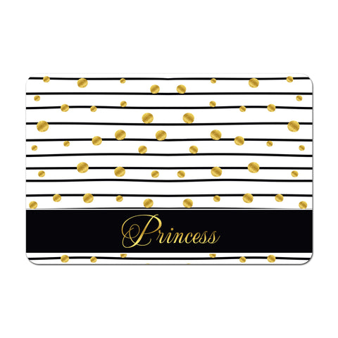 Personalized Pet Food Placemat - Black and Gold Polka Dots