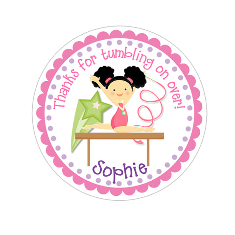 Black Hair Girl Gymnast Personalized Birthday Favor Sticker