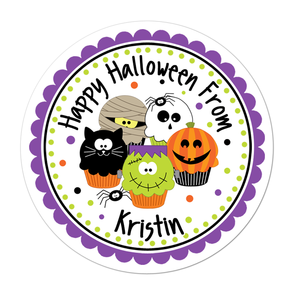 Halloween Cupcakes Scallop Border Personalized Sticker Halloween Stickers - INKtropolis