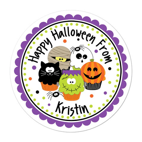 Halloween Cupcakes Scallop Border Personalized Halloween Sticker