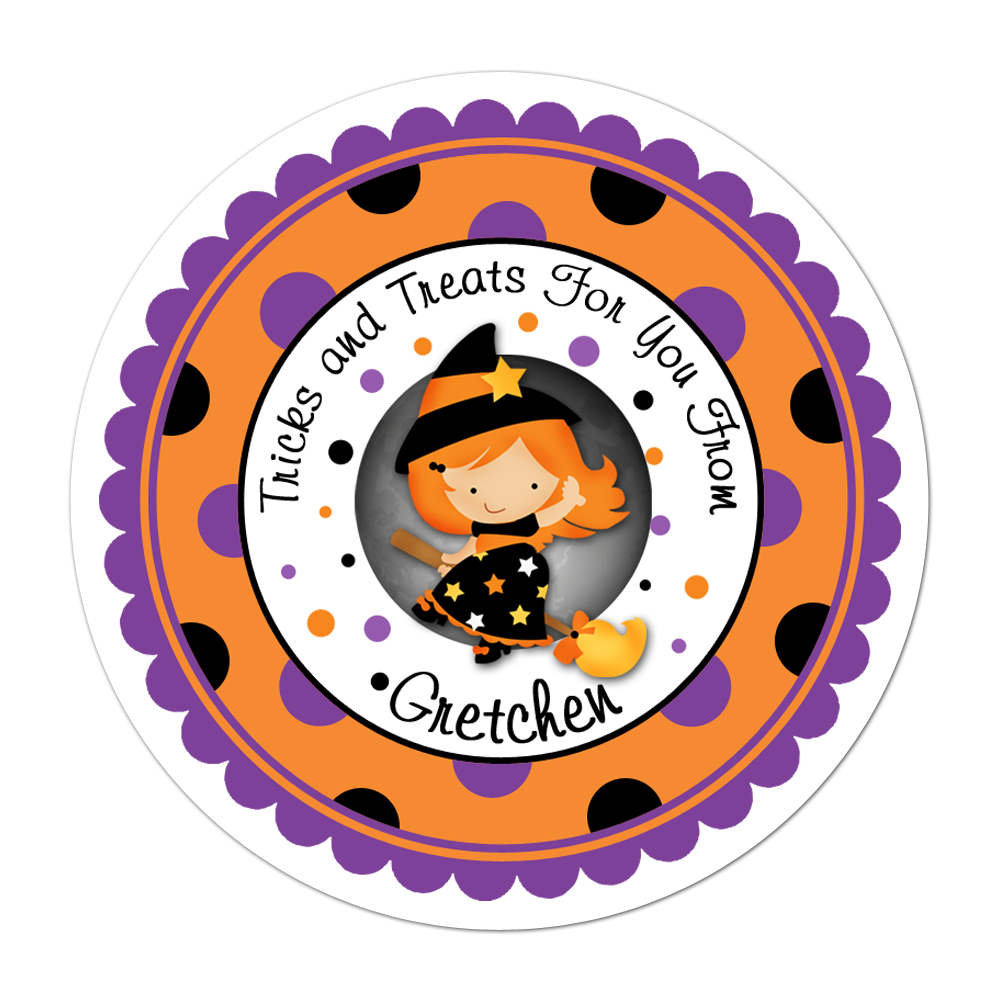 Witch Wide Polka Dot Border Personalized Sticker Halloween Stickers - INKtropolis