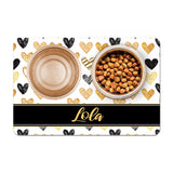 Personalized Pet Food Placemat - Black and Gold Hearts