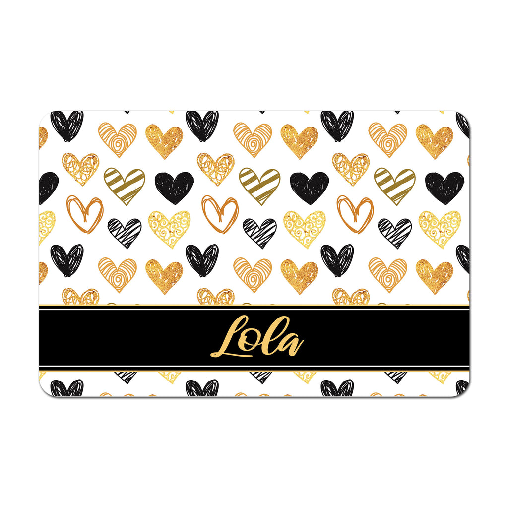 Personalized Pet Food Placemat - Black and Gold Hearts