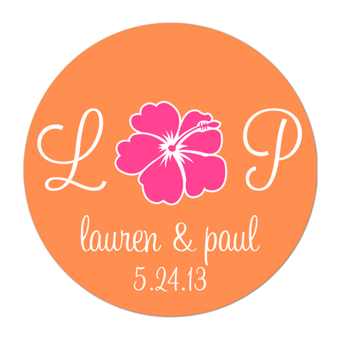 Monogram Hibiscus Flower Personalized Wedding Favor Sticker