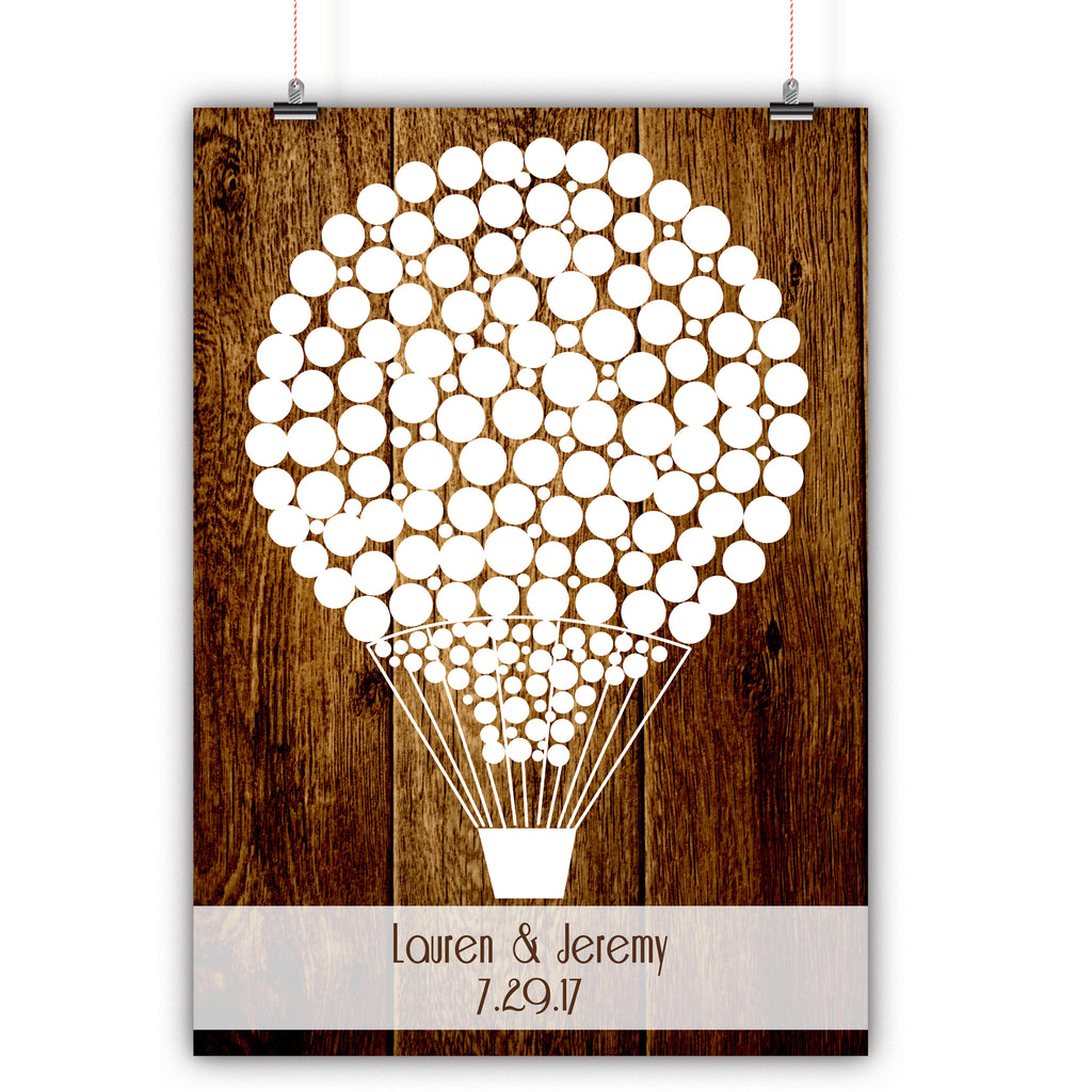 Wedding Guest Book Alternative Poster, Print, Framed or Canvas - Hot Air Balloon - 100 Signatures Rustic Wood Background wedding guest book alternative - INKtropolis