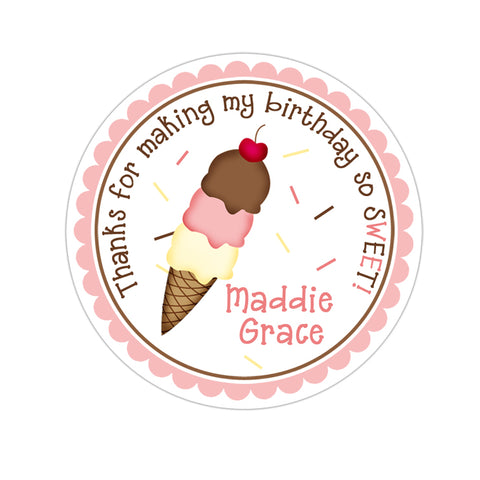 Neopolitan Ice Cream Cone Personalized Birthday Favor Sticker