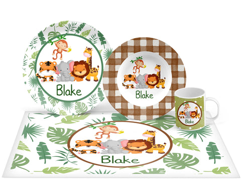 Personalized Jungle Safari Plate, Bowl, Mug, Placemat Set - Choose Your Pieces