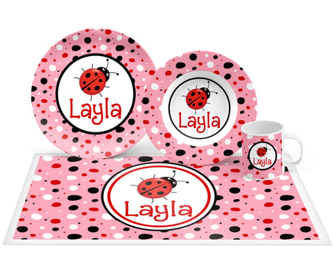 Personalized Ladybug Plate, Bowl, Mug, Placemat Set - Choose Your Pieces