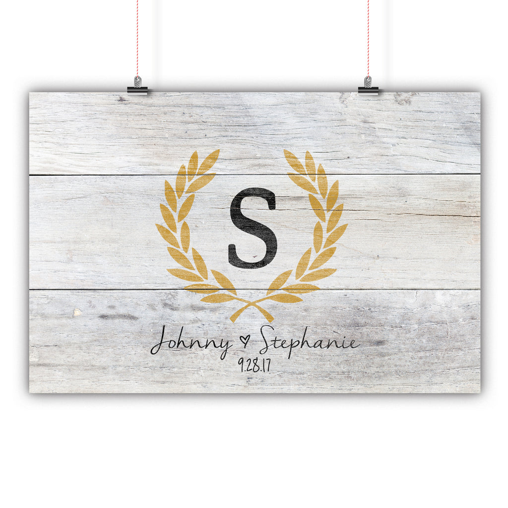 Wedding Guest Book Alternative Poster, Print, Framed or Canvas - Distressed Laurel Monogram  - 200 Signatures White Washed Wood - Choose Your Colors wedding guest book alternative - INKtropolis