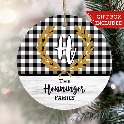 Personalized Farmhouse Monogram Christmas Ornament - Buffalo Plaid Laurel Wreath